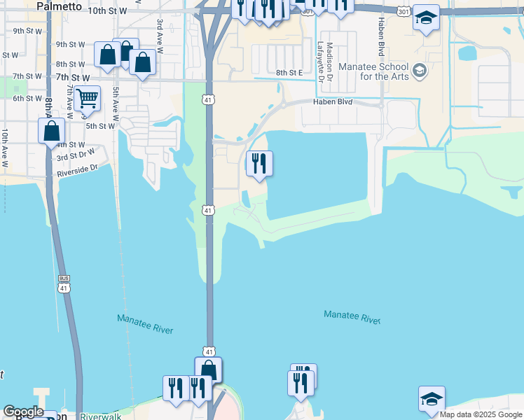 map of restaurants, bars, coffee shops, grocery stores, and more near 610 Riviera Dunes Way in Palmetto