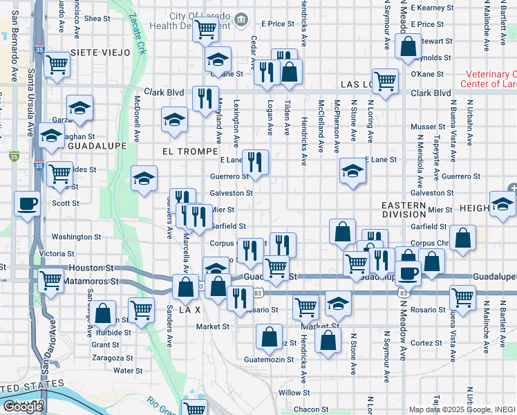 map of restaurants, bars, coffee shops, grocery stores, and more near 717 Mier Street in Laredo