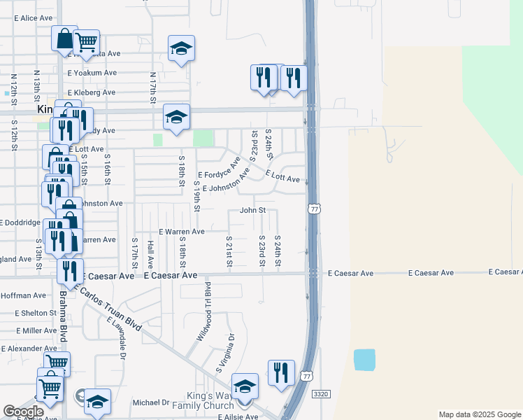 map of restaurants, bars, coffee shops, grocery stores, and more near South 23rd Street in Kingsville