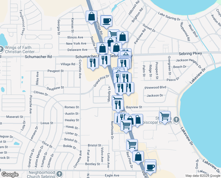 map of restaurants, bars, coffee shops, grocery stores, and more near 1213 Melody Lane in Sebring