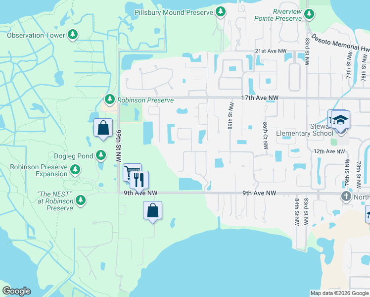 map of restaurants, bars, coffee shops, grocery stores, and more near 1116 92nd Street Northwest in Bradenton
