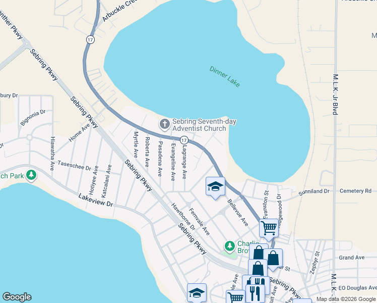 map of restaurants, bars, coffee shops, grocery stores, and more near 1719 Theon Court in Sebring