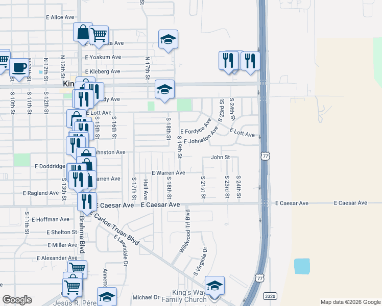 map of restaurants, bars, coffee shops, grocery stores, and more near 802 Inez Street in Kingsville