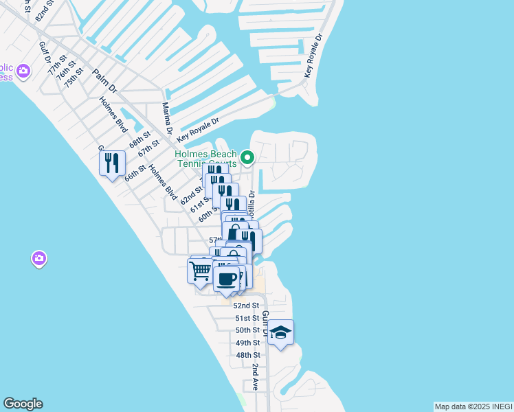 map of restaurants, bars, coffee shops, grocery stores, and more near 504 59th Street in Holmes Beach