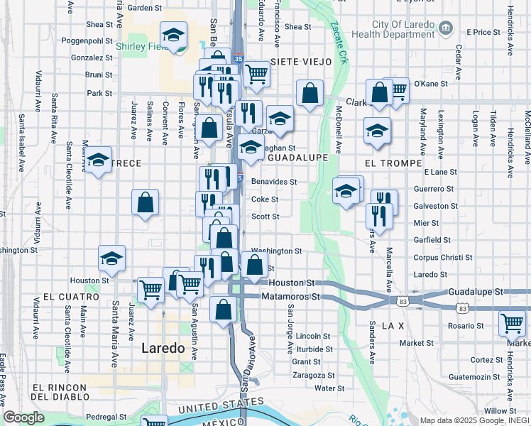 map of restaurants, bars, coffee shops, grocery stores, and more near 507 Coke Street in Laredo