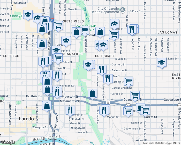 map of restaurants, bars, coffee shops, grocery stores, and more near 1700 Monterrey Avenue in Laredo