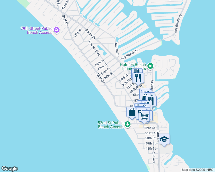 map of restaurants, bars, coffee shops, grocery stores, and more near 206 64th Street in Holmes Beach