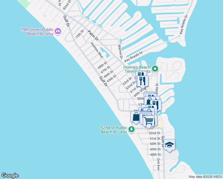 map of restaurants, bars, coffee shops, grocery stores, and more near 6325 Gulf Drive in Holmes Beach