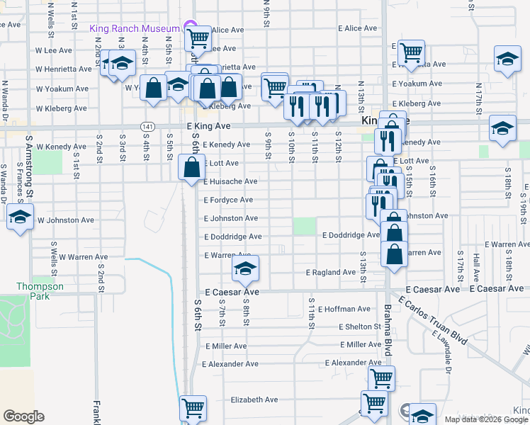 map of restaurants, bars, coffee shops, grocery stores, and more near 426 East Johnston Avenue in Kingsville