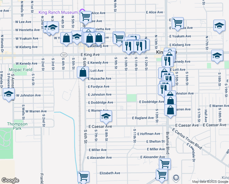 map of restaurants, bars, coffee shops, grocery stores, and more near 426 East Johnston Avenue in Kingsville