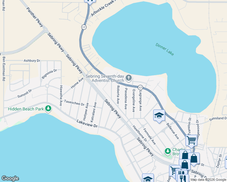 map of restaurants, bars, coffee shops, grocery stores, and more near 1721 Myrtle Avenue in Sebring