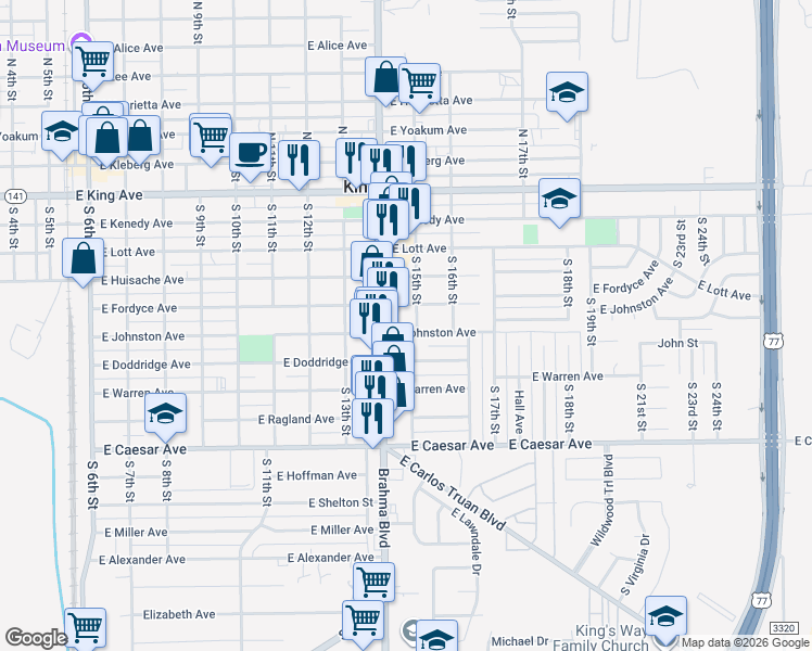 map of restaurants, bars, coffee shops, grocery stores, and more near 1015 East Fordyce Avenue in Kingsville