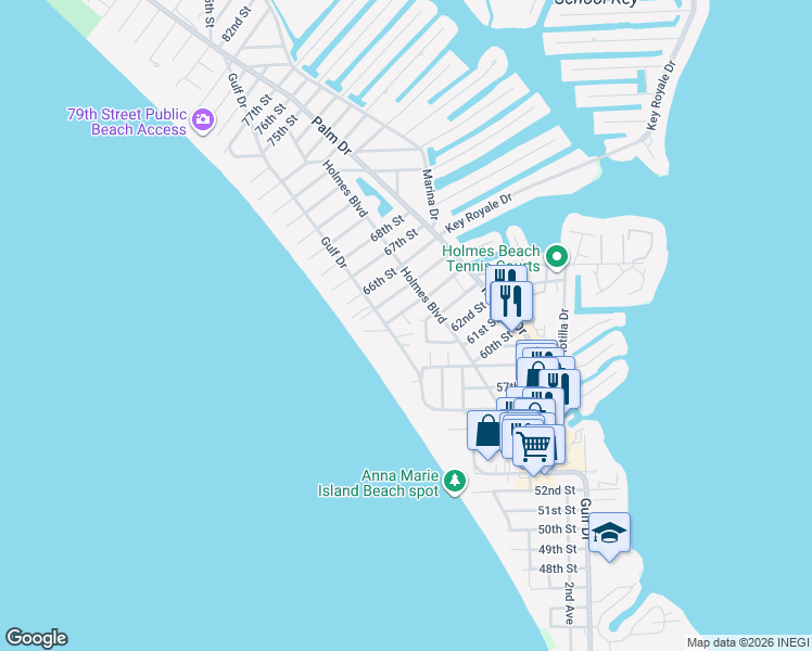 map of restaurants, bars, coffee shops, grocery stores, and more near 206 64th Street in Holmes Beach