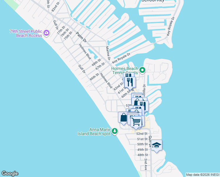 map of restaurants, bars, coffee shops, grocery stores, and more near 6250 Holmes Boulevard in Holmes Beach