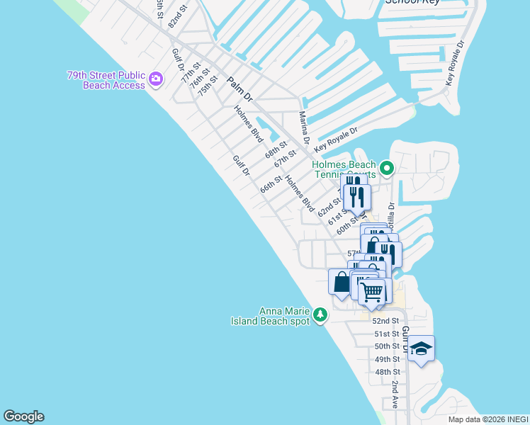 map of restaurants, bars, coffee shops, grocery stores, and more near 101 66th Street in Holmes Beach