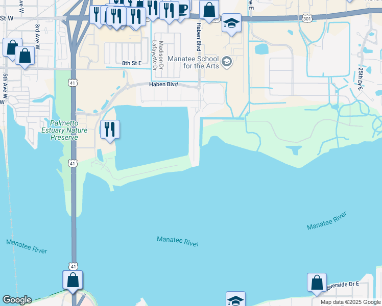 map of restaurants, bars, coffee shops, grocery stores, and more near 109 12th Avenue East in Palmetto