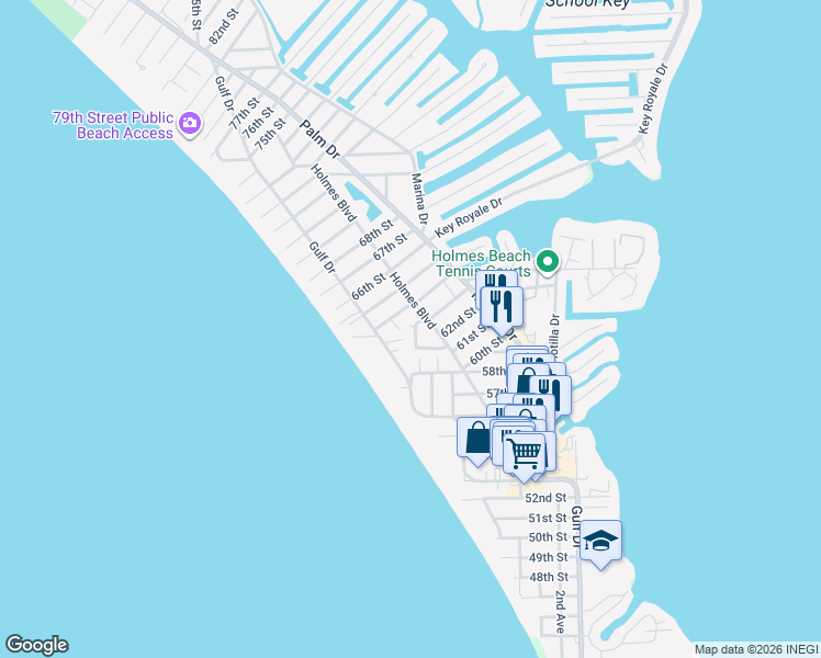 map of restaurants, bars, coffee shops, grocery stores, and more near 6250 Holmes Boulevard in Holmes Beach