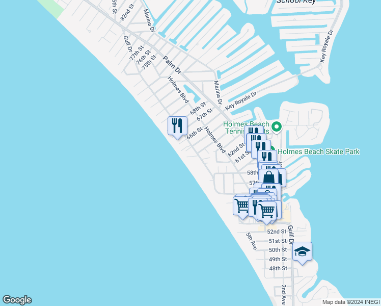 map of restaurants, bars, coffee shops, grocery stores, and more near 101 66th Street in Holmes Beach