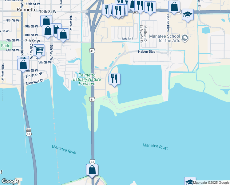 map of restaurants, bars, coffee shops, grocery stores, and more near 102 Riviera Dunes Way in Palmetto