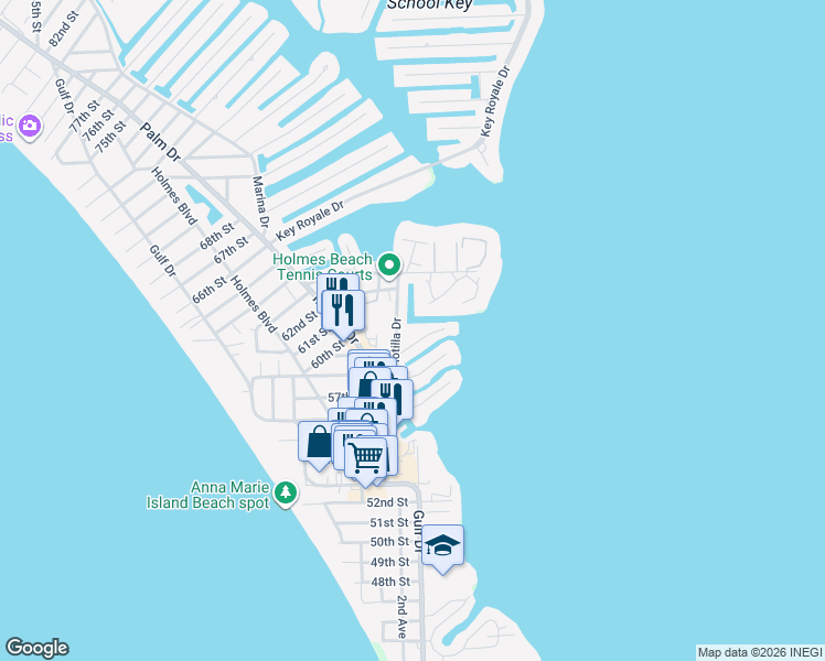 map of restaurants, bars, coffee shops, grocery stores, and more near 504 59th Street in Holmes Beach
