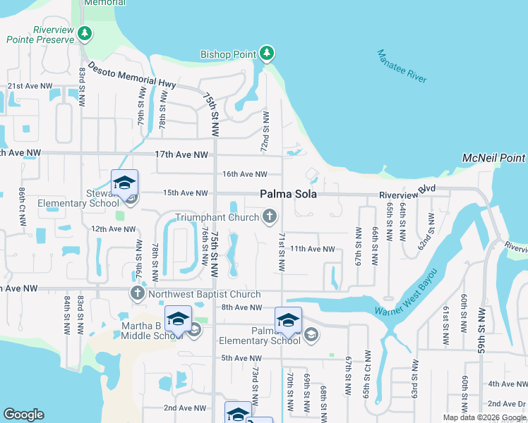 map of restaurants, bars, coffee shops, grocery stores, and more near 7111 14th Avenue Northwest in Bradenton
