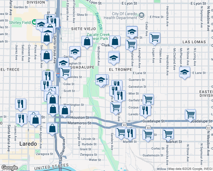 map of restaurants, bars, coffee shops, grocery stores, and more near 1700-1798 Monterrey Avenue in Laredo