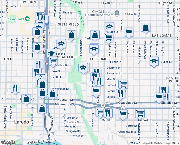 map of restaurants, bars, coffee shops, grocery stores, and more near 112 Galveston Street in Laredo