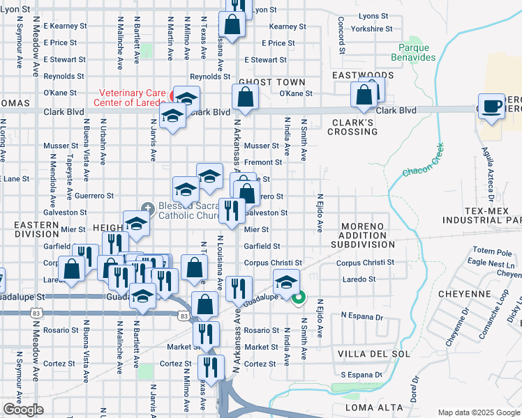 map of restaurants, bars, coffee shops, grocery stores, and more near 2906 Galveston Street in Laredo