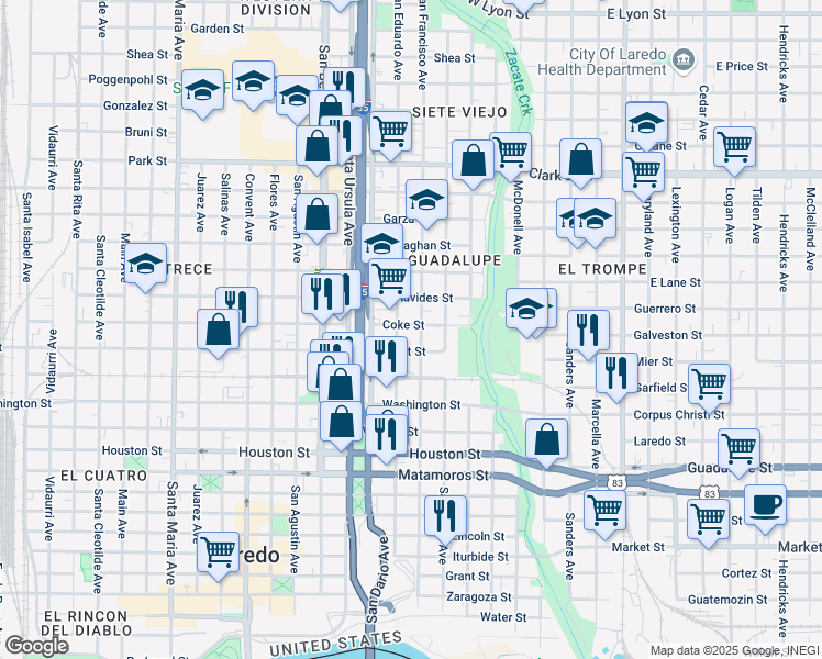 map of restaurants, bars, coffee shops, grocery stores, and more near 507 Coke Street in Laredo
