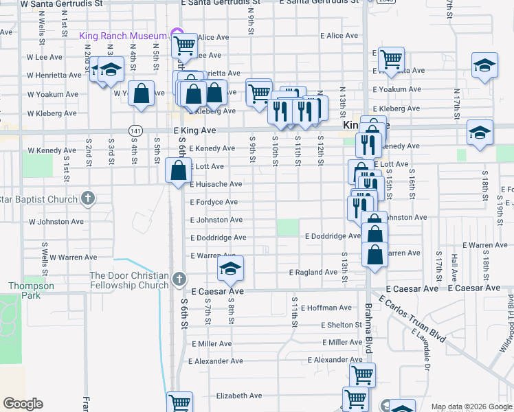 map of restaurants, bars, coffee shops, grocery stores, and more near 503 East Fordyce Avenue in Kingsville