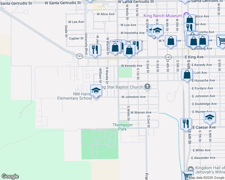 map of restaurants, bars, coffee shops, grocery stores, and more near 530 South Frances Street in Kingsville