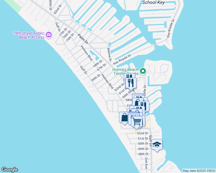map of restaurants, bars, coffee shops, grocery stores, and more near 6250 Holmes Boulevard in Holmes Beach