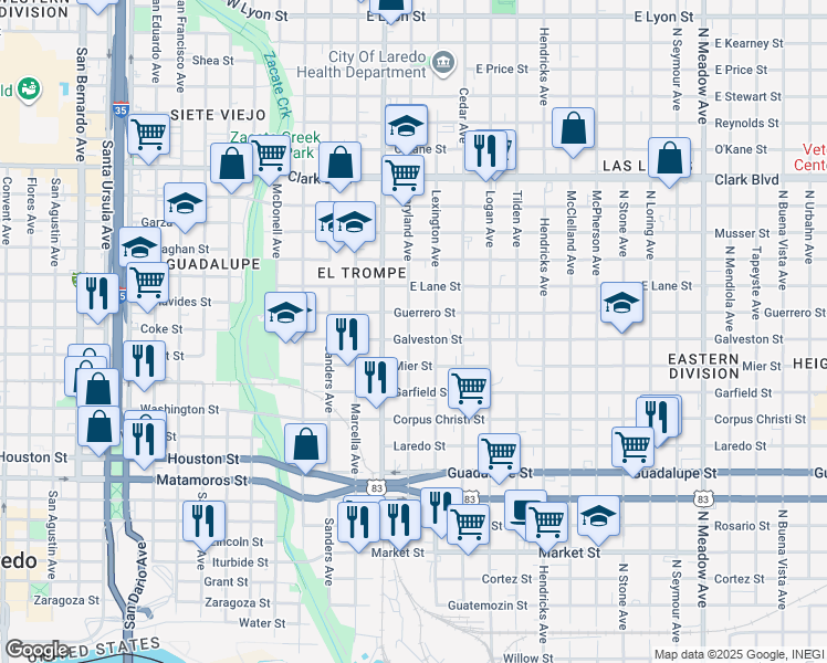 map of restaurants, bars, coffee shops, grocery stores, and more near 1704 Maryland Avenue in Laredo