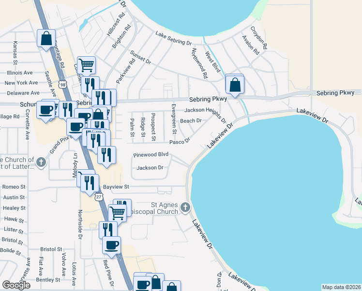 map of restaurants, bars, coffee shops, grocery stores, and more near 1951 Pasco Drive in Sebring
