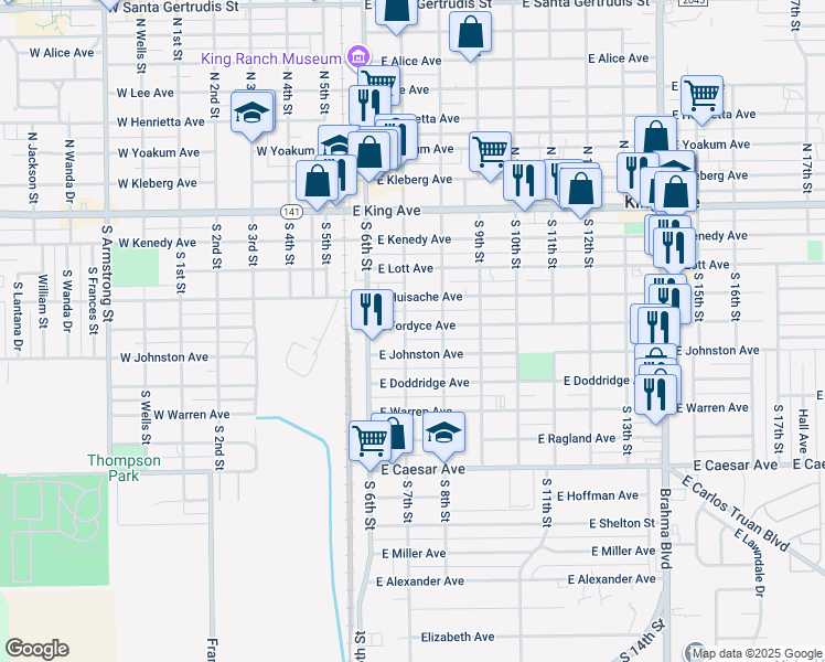 map of restaurants, bars, coffee shops, grocery stores, and more near 303 East Fordyce Avenue in Kingsville