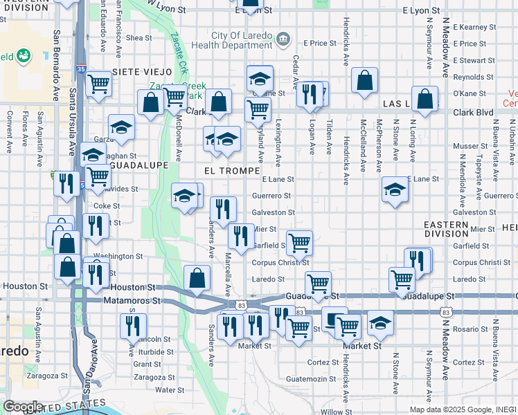 map of restaurants, bars, coffee shops, grocery stores, and more near 1704 Maryland Avenue in Laredo