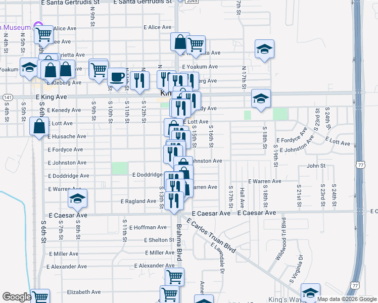map of restaurants, bars, coffee shops, grocery stores, and more near 1015 East Fordyce Avenue in Kingsville