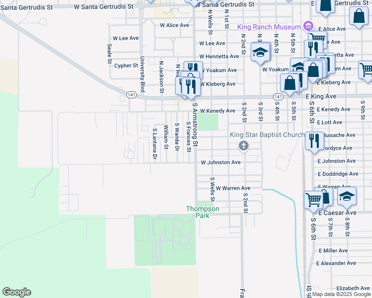 map of restaurants, bars, coffee shops, grocery stores, and more near 530 South Frances Street in Kingsville