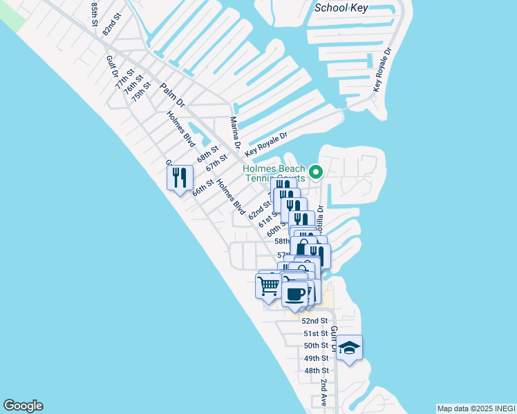 map of restaurants, bars, coffee shops, grocery stores, and more near 306 62nd Street in Holmes Beach