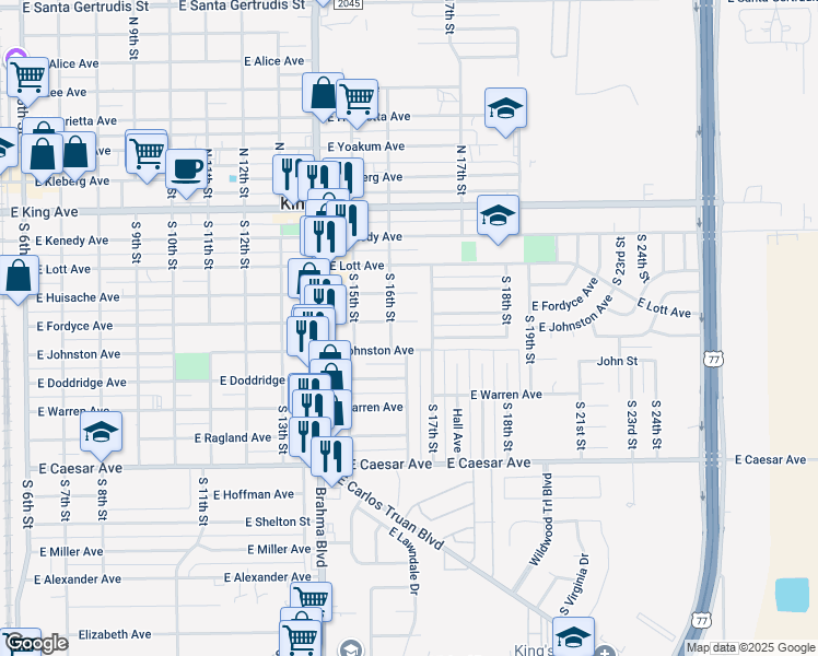 map of restaurants, bars, coffee shops, grocery stores, and more near 1215 East Fordyce Avenue in Kingsville