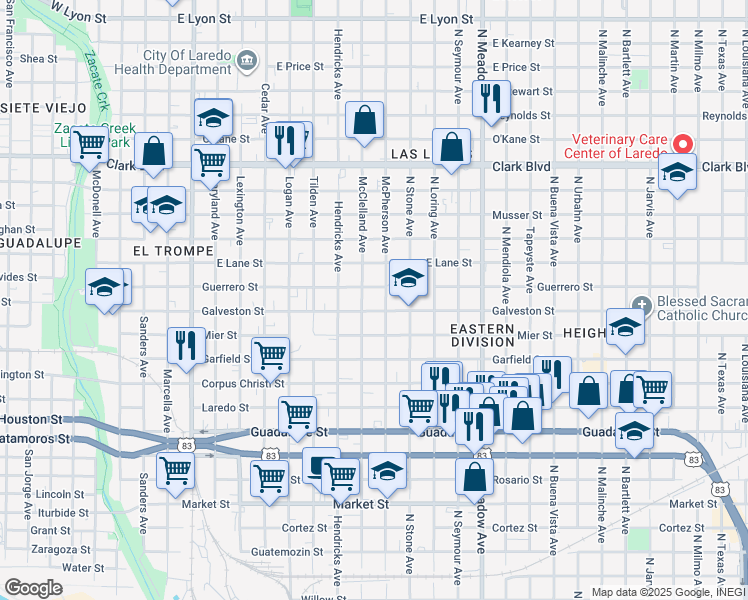 map of restaurants, bars, coffee shops, grocery stores, and more near 1201 Galveston Street in Laredo