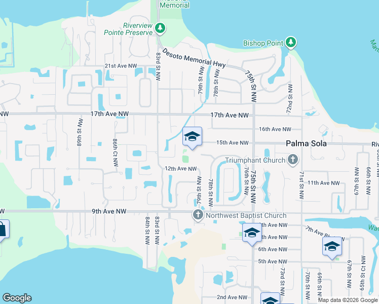 map of restaurants, bars, coffee shops, grocery stores, and more near 7905 15th Avenue Northwest in Bradenton