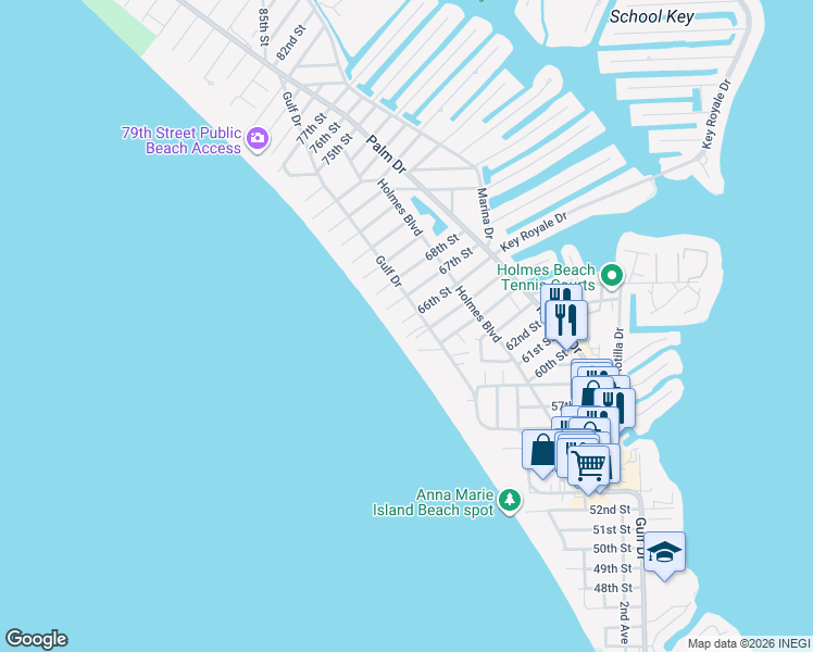 map of restaurants, bars, coffee shops, grocery stores, and more near 101 66th Street in Holmes Beach