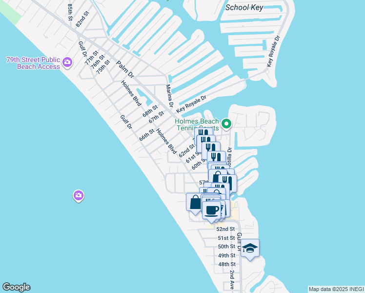 map of restaurants, bars, coffee shops, grocery stores, and more near 306 62nd Street in Holmes Beach
