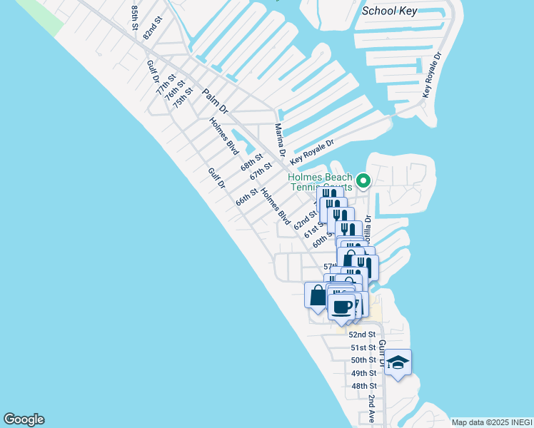 map of restaurants, bars, coffee shops, grocery stores, and more near 6250 Holmes Boulevard in Holmes Beach