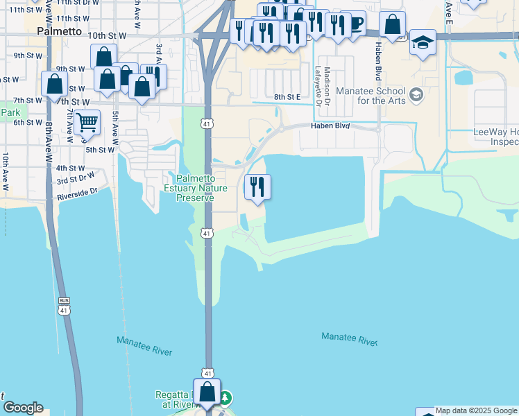 map of restaurants, bars, coffee shops, grocery stores, and more near 102 Riviera Dunes Way in Palmetto
