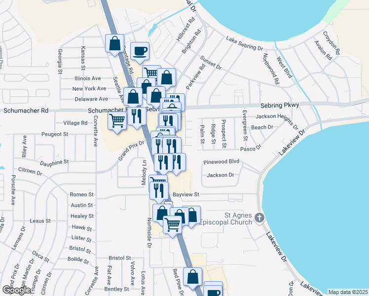 map of restaurants, bars, coffee shops, grocery stores, and more near 2324 Palm Key Court in Sebring