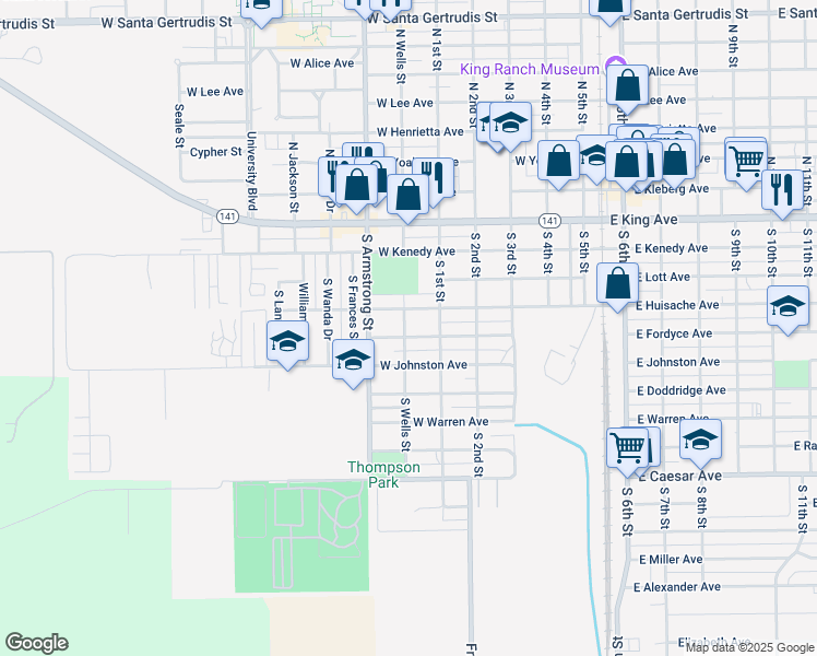 map of restaurants, bars, coffee shops, grocery stores, and more near 700 West Fordyce Avenue in Kingsville