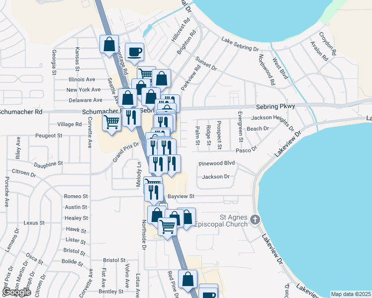 map of restaurants, bars, coffee shops, grocery stores, and more near 2324 Palm Key Court in Sebring