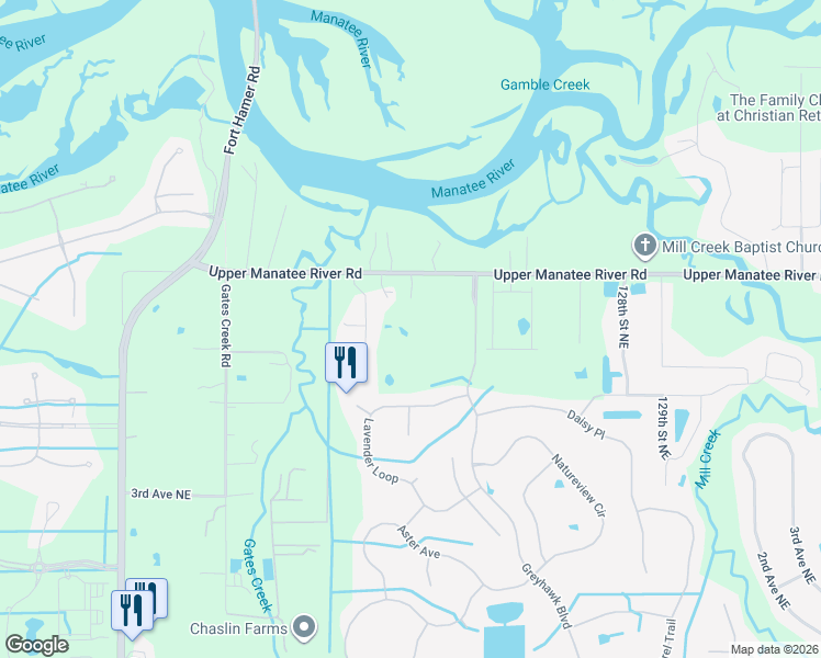 map of restaurants, bars, coffee shops, grocery stores, and more near 11920 Upper Manatee River Road in Bradenton